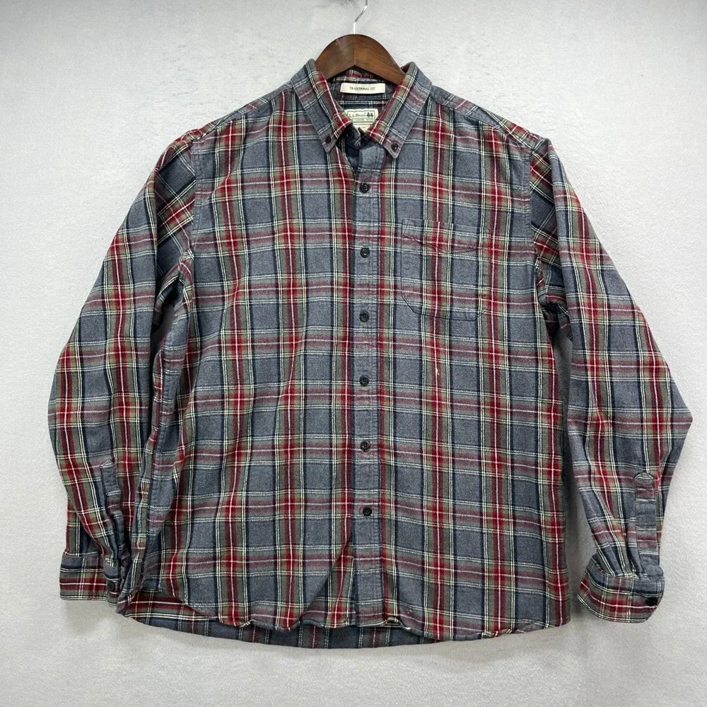 LL Bean Flannel Shirt Mens L Gray Red Scotch Plaid Traditional Outdoor Heritage